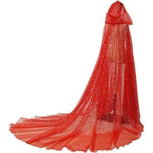 Women Wedding Tulle Cape Hooded Elven Cloak Bridal Dress Robe with Long Train